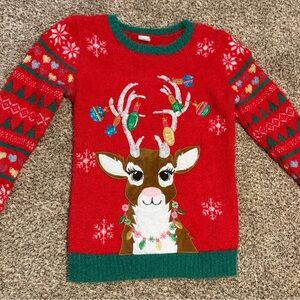 Festive Reindeer Kids Sweater - Red & Green